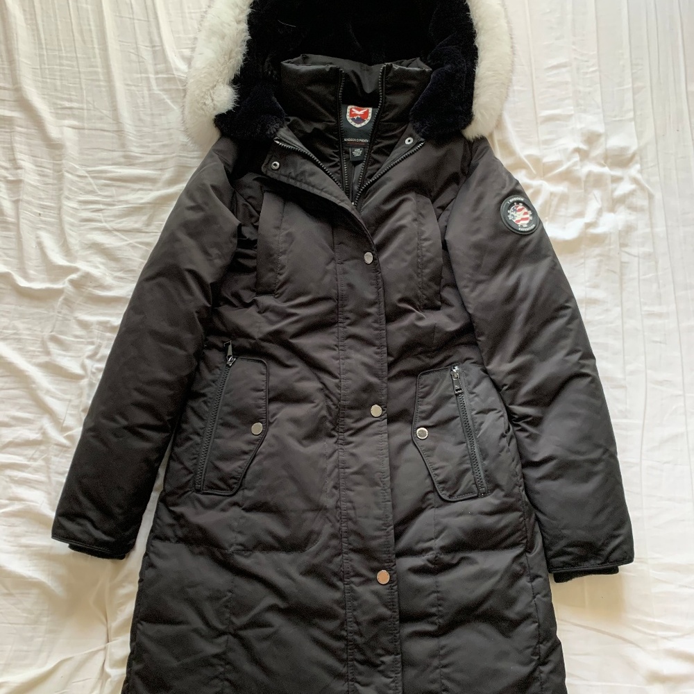 1 Madison Genuine Fox Fur Trimmed Black Parka